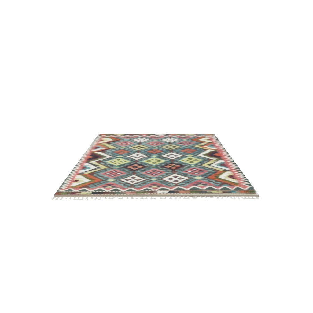 Afghan Kilim Rug 4x6 | Red, Navy & Teal | Hand-Woven Wool Flatweave | True-Size 3D Rug | View in Your Room