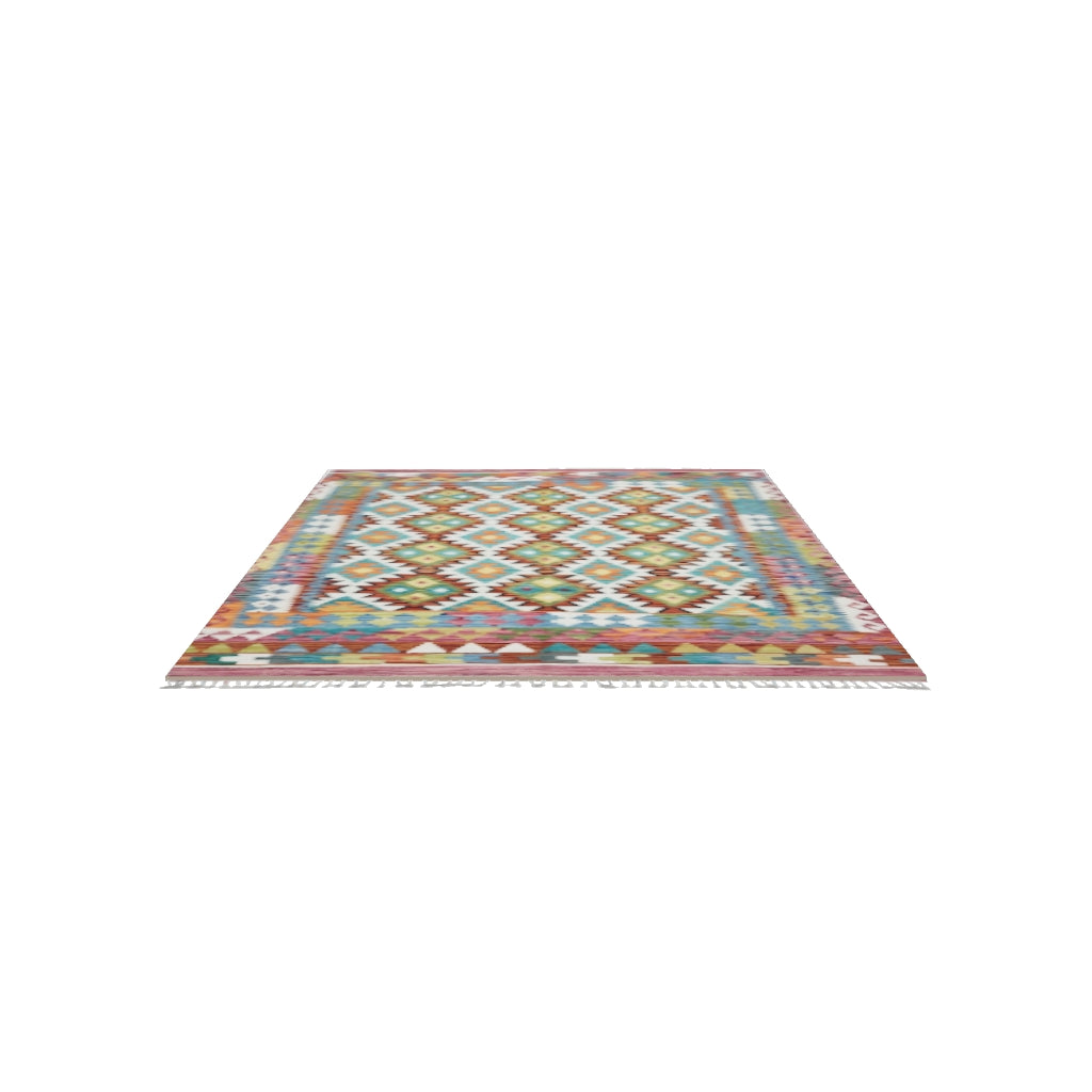 Afghan Kilim Rug 5x7 | Ivory, Rust & Pink | Hand-Woven Wool Flatweave | True-Size 3D Rug | View in Your Room
