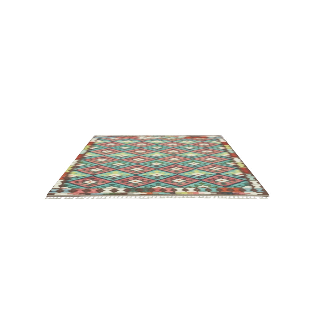 Afghan Kilim Rug 4x6 | Rust, Teal & Green | Hand-Woven Wool Flatweave | True-Size 3D Rug | View in Your Room