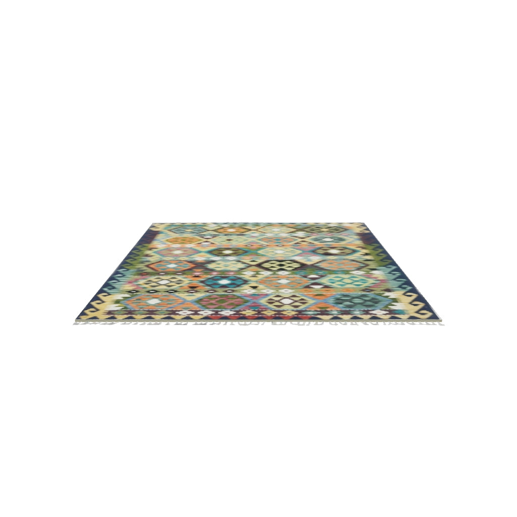 Afghan Kilim Rug 5x6 | Gold, Teal & Navy | Hand-Woven Wool Flatweave | True-Size 3D Rug | View in Your Room