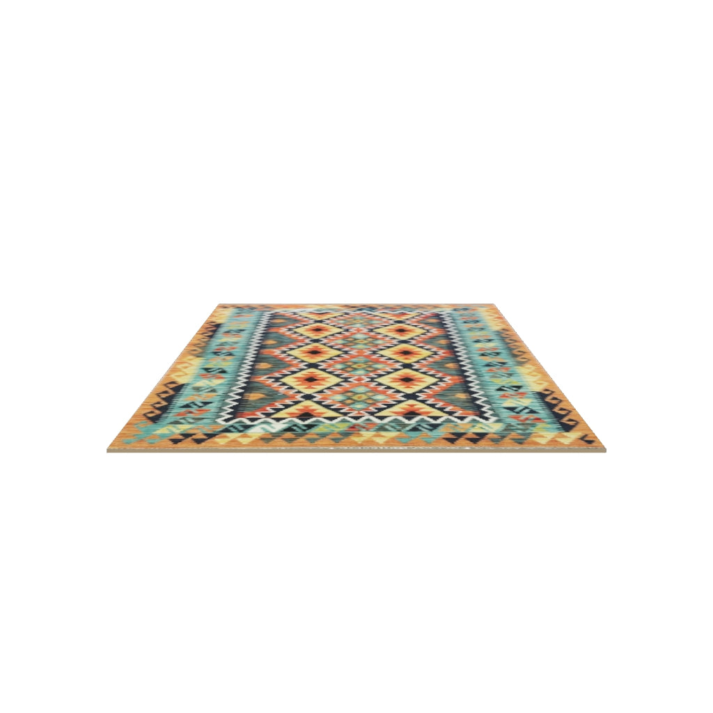 Afghan Kilim Rug 4x6 | Rust, Navy & Teal | Hand-Woven Wool Flatweave | True-Size 3D Rug | View in Your Room