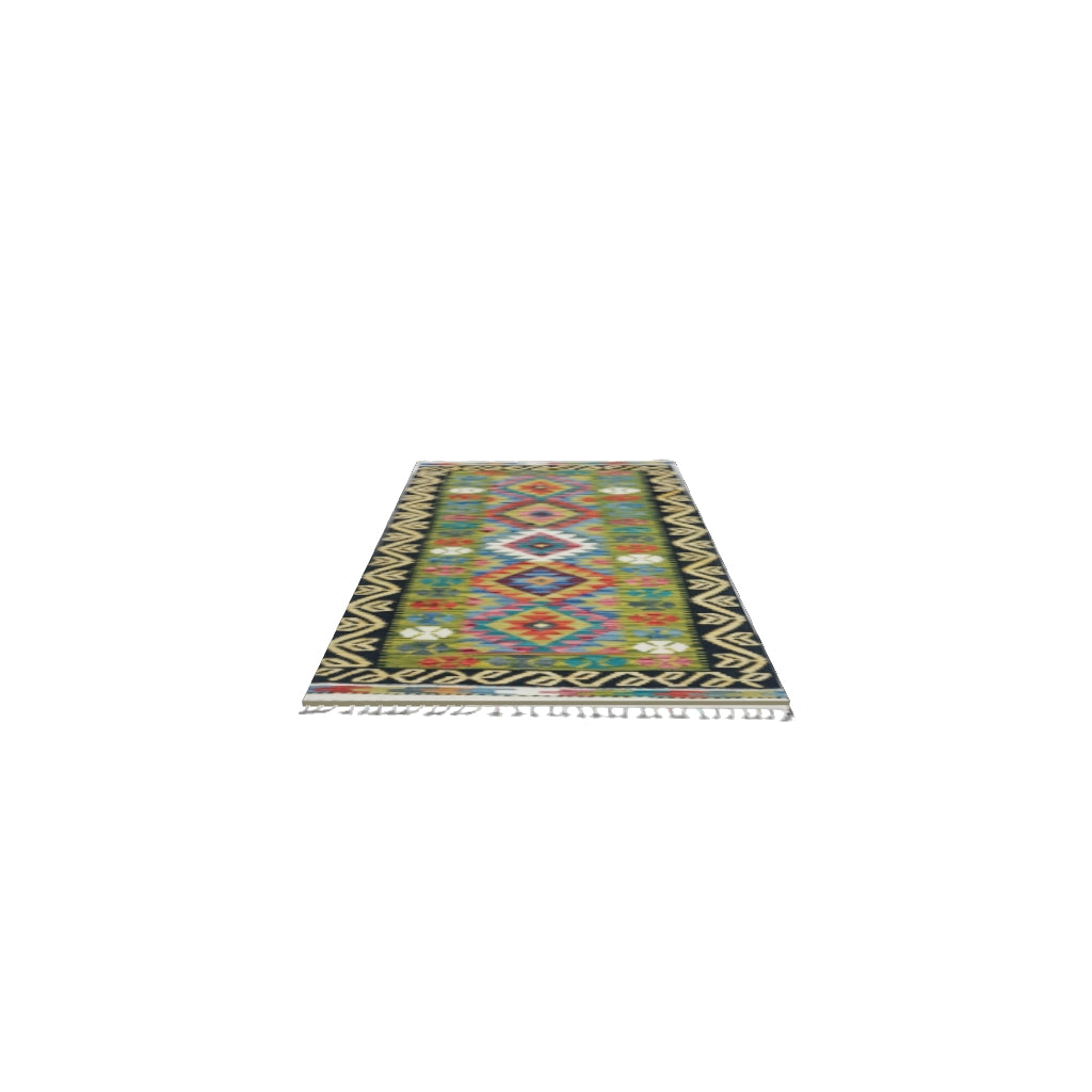 Afghan Kilim Runner 3x7 | Olive Green, Black & Ivory | Hand-Woven Wool Flatweave | True-Size 3D Rug | View in Your Room