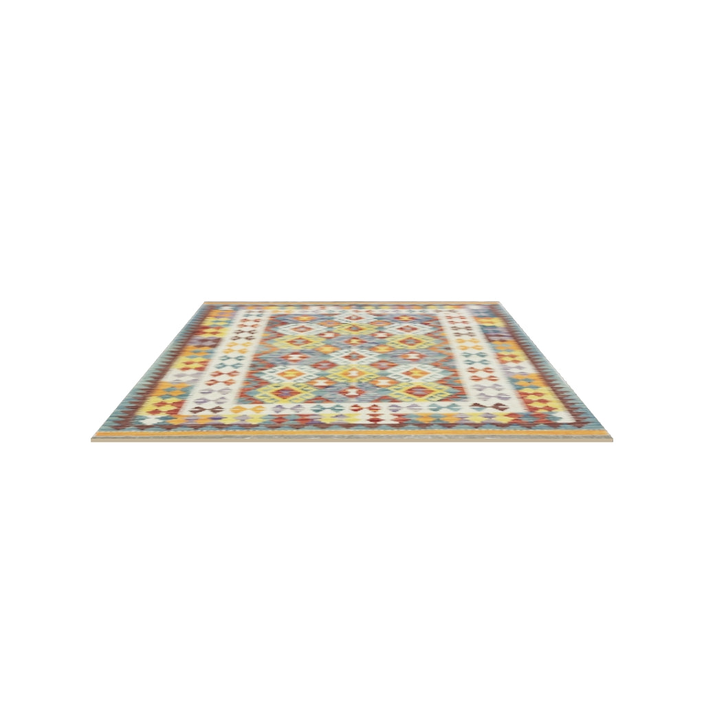 Afghan Kilim Rug 5x6 | Blue, Gold & Ivory | Hand-Woven Wool Flatweave | True-Size 3D Rug | View in Your Room