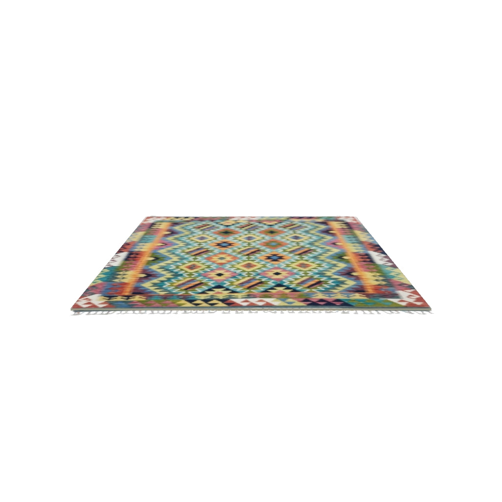 Afghan Kilim Rug 5x6 | Teal, Gold & Rust | Hand-Woven Wool Flatweave | True-Size 3D Rug | View in Your Room