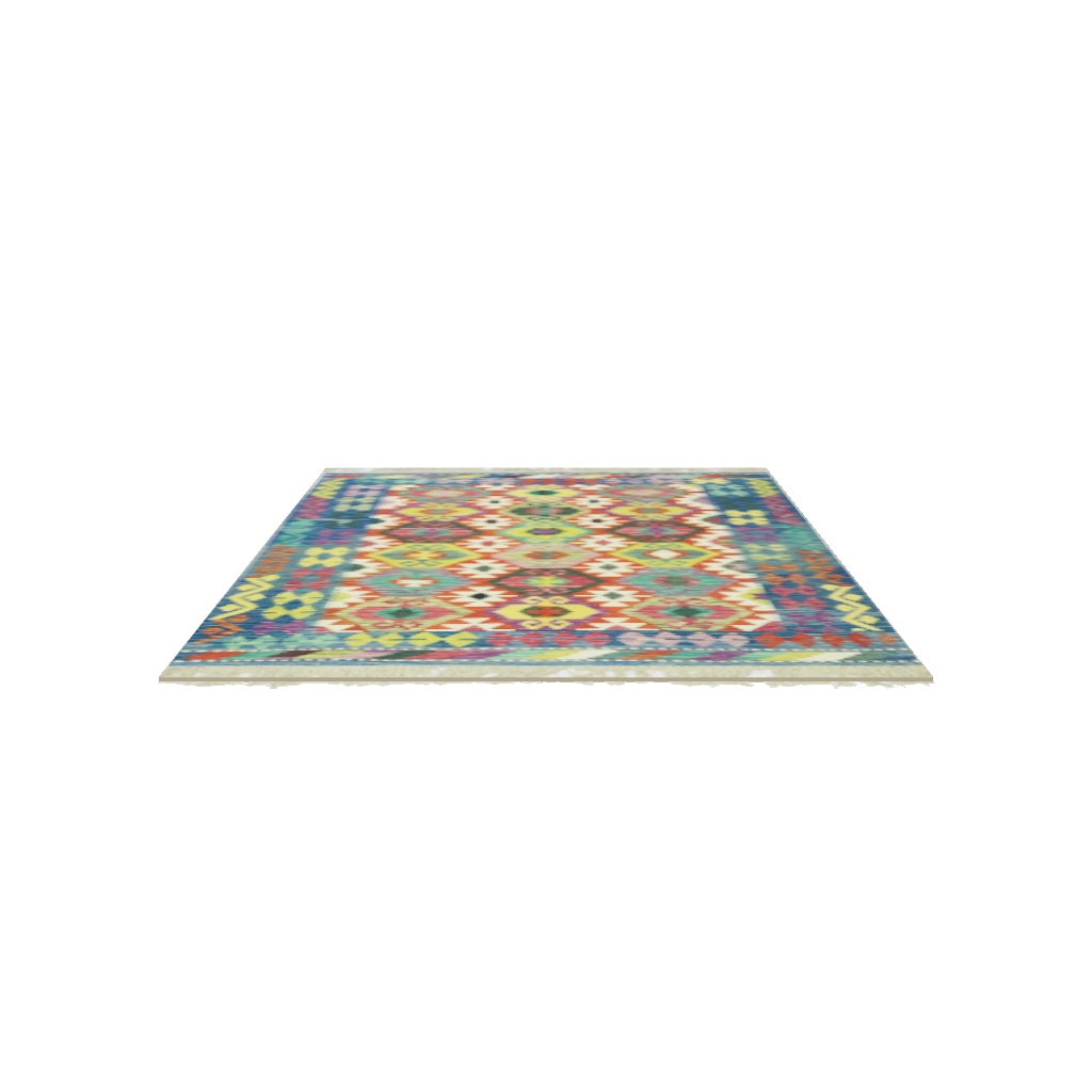 Afghan Kilim Rug 5x6 | Red, Blue & Yellow | Hand-Woven Wool Flatweave | True-Size 3D Rug | View in Your Room