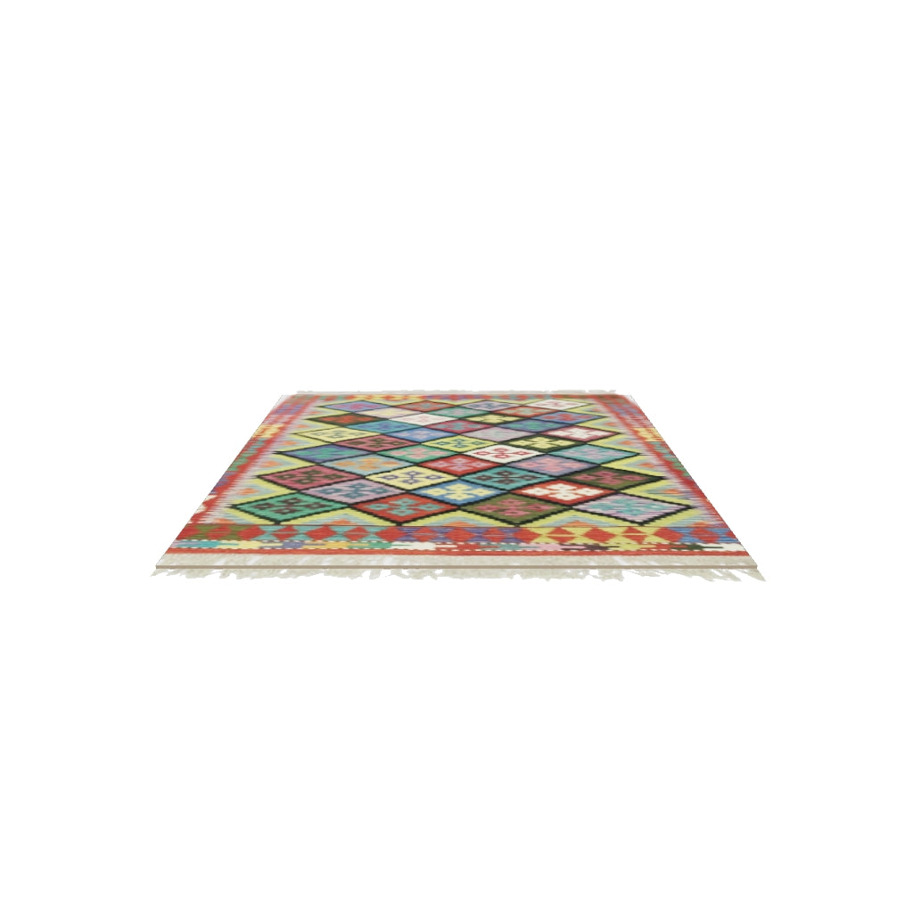 Afghan Kilim Rug 5x7 | Red, Black & Blue | Hand-Woven Wool Flatweave | True-Size 3D Rug | View in Your Room