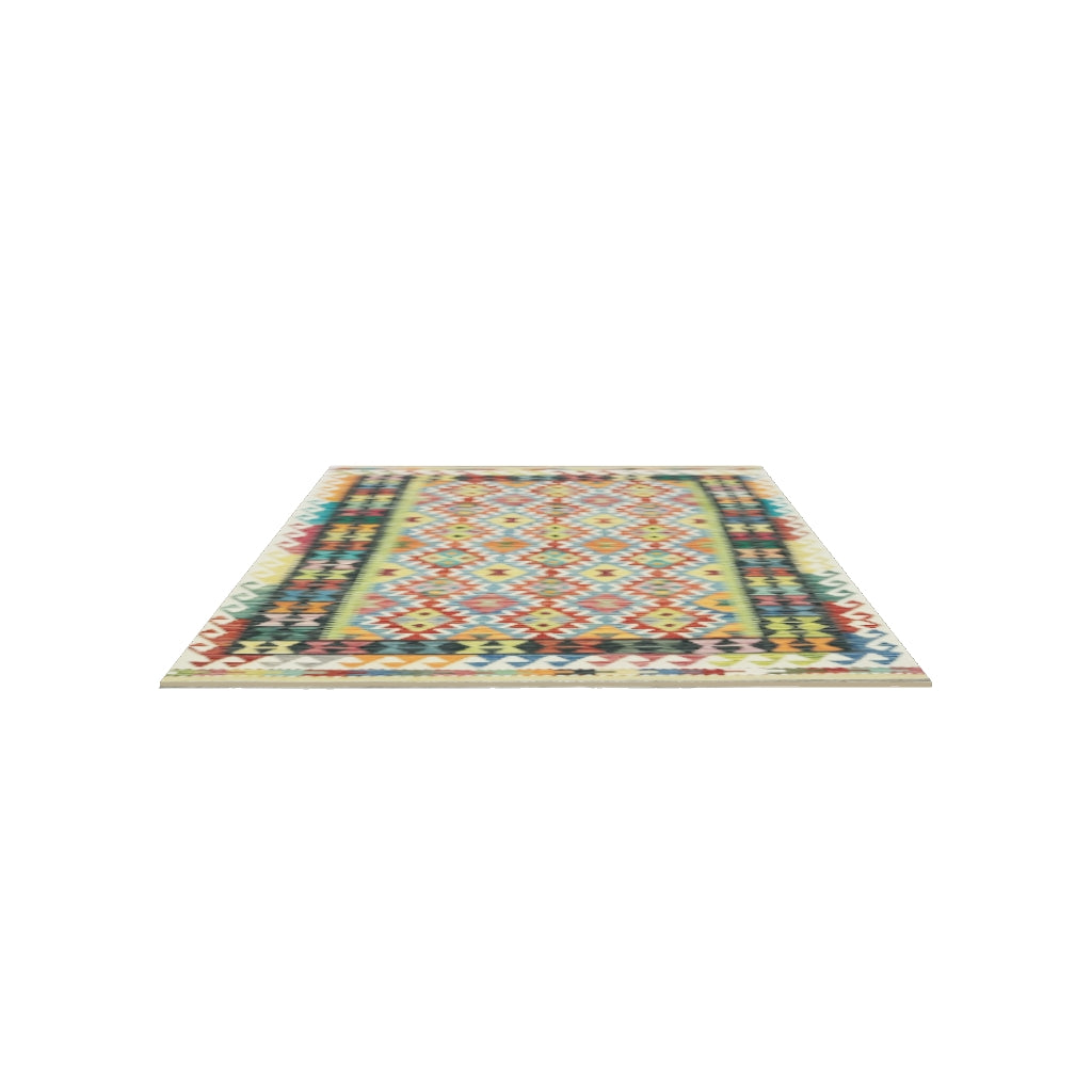 Afghan Kilim Rug 5x7 | Rust, Teal & Ivory | Diamond Lattice Wool Flatweave | True-Size 3D Rug | View in Your Room