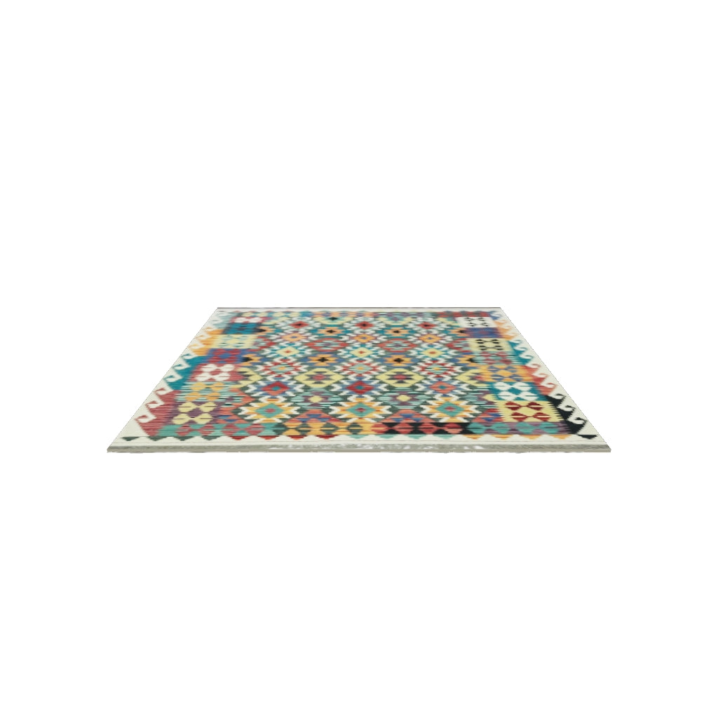 Afghan Kilim Rug 5x7 | Teal, Rust & Ivory | Hand-Woven Wool Flatweave | True-Size 3D Rug | View in Your Room