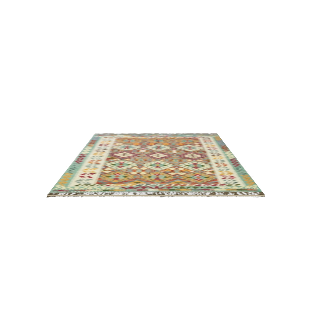 Afghan Kilim Rug 5x7 | Rust, Teal & Ivory | Hand-Woven Wool Flatweave | True-Size 3D Rug | View in Your Room