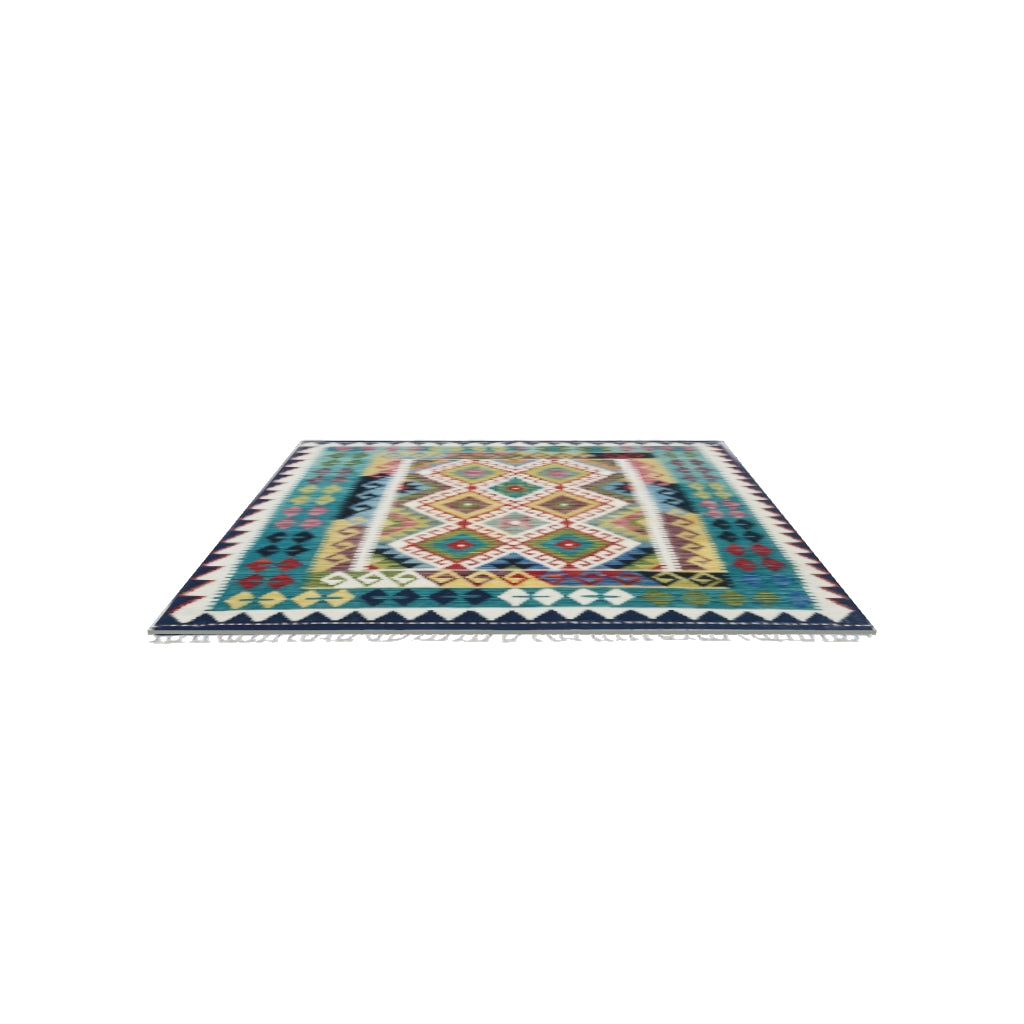 Afghan Kilim Rug 5x6 | Teal, Navy & Ivory | Hand-Woven Wool Flatweave | True-Size 3D Rug | View in Your Room