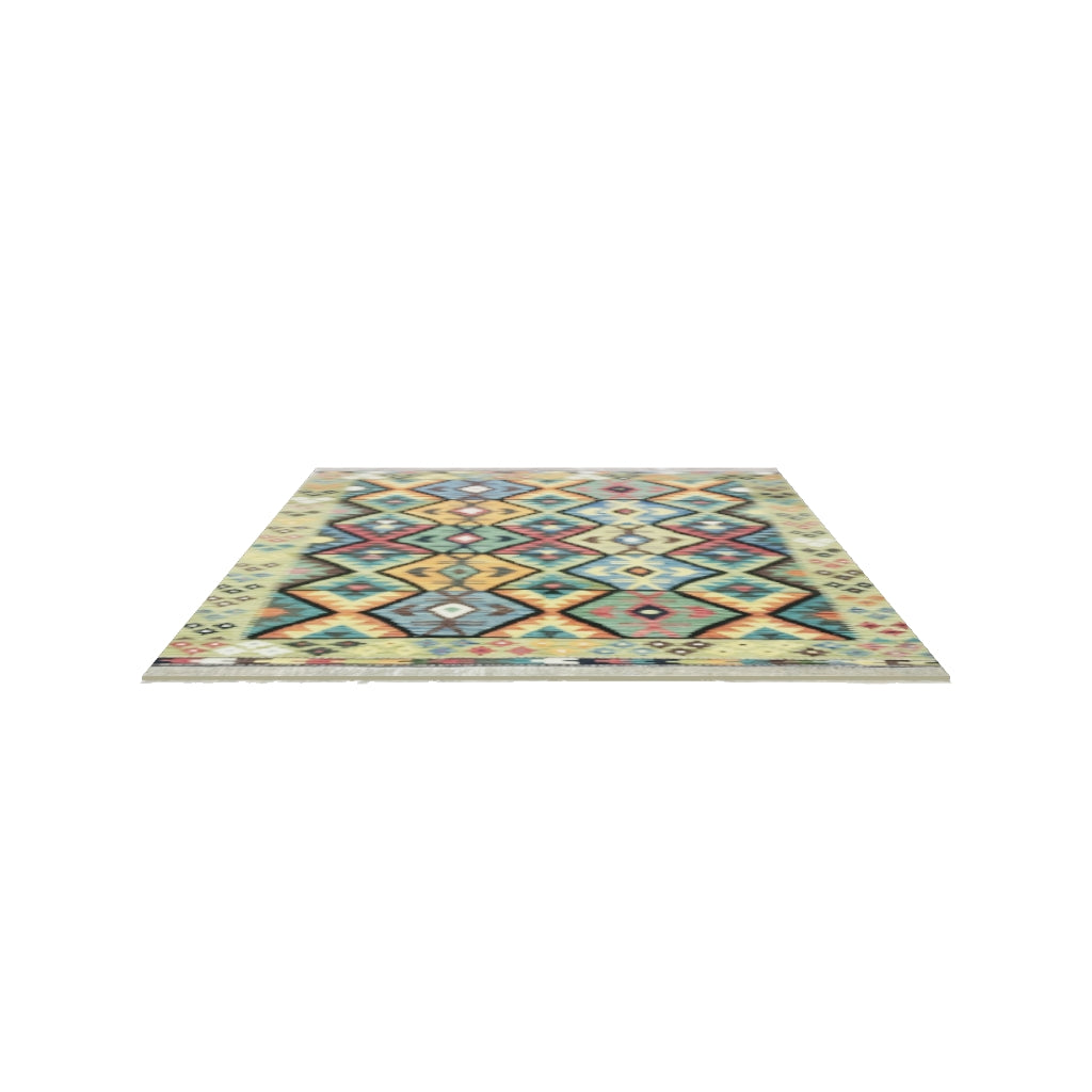 Afghan Kilim Rug 5x6 | Olive Green, Teal & Gold | Hand-Woven Wool Flatweave | True-Size 3D Rug | View in Your Room