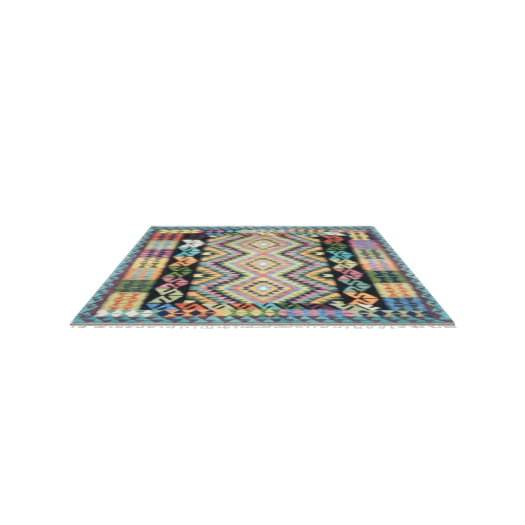 Afghan Kilim Rug 5x7 | Teal, Black & Pink | Hand-Woven Wool Flatweave | True-Size 3D Rug | View in Your Room