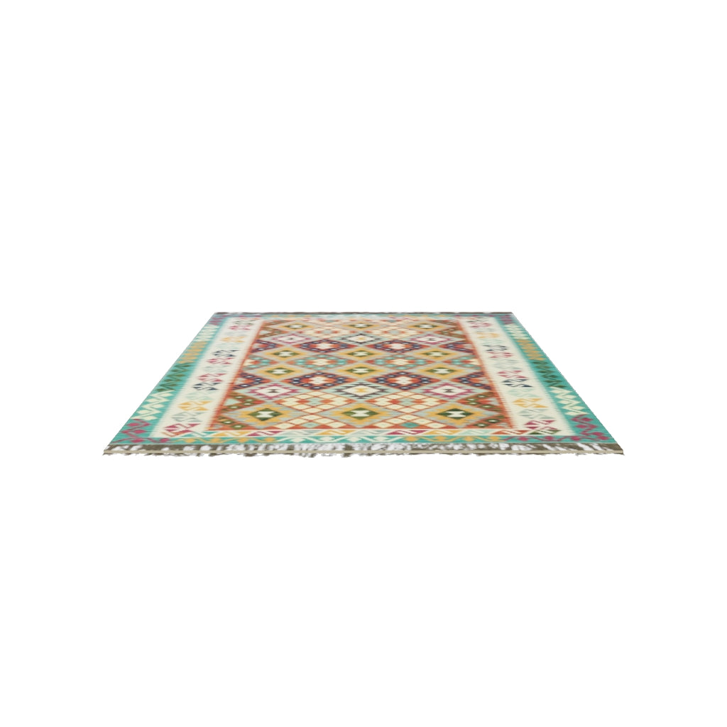 Afghan Kilim Rug 5x7 | Rust, Teal & Ivory | Diamond Lattice Wool Flatweave | Navy Accents | True-Size 3D Rug | View in Your Room