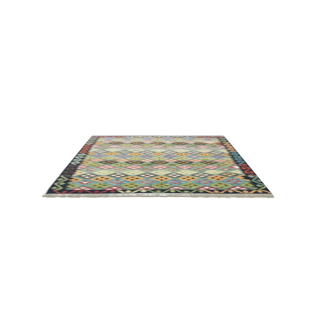 Afghan Kilim Rug 5x6 | Olive Green, Rust & Teal | Hand-Woven Wool Flatweave | True-Size 3D Rug | View in Your Room