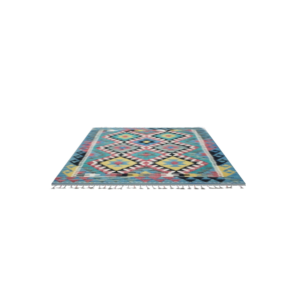 Afghan Kilim Rug 3x4 | Teal, Blue & Black | Diamond Lattice Wool Flatweave | True-Size 3D Rug | View in Your Room