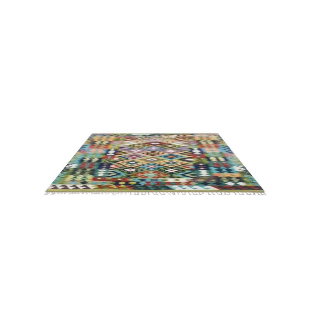 Afghan Kilim Rug 5x6 | Olive Green, Teal & Orange | Hand-Woven Wool Flatweave | True-Size 3D Rug | View in Your Room