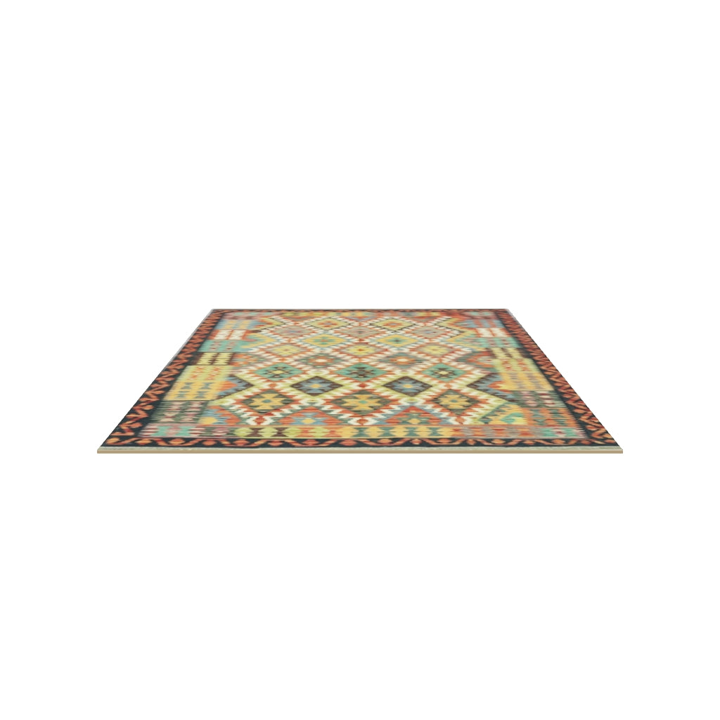 Afghan Kilim Rug 5x7 | Rust, Gold & Navy | Hand-Woven Wool Flatweave | True-Size 3D Rug | View in Your Room