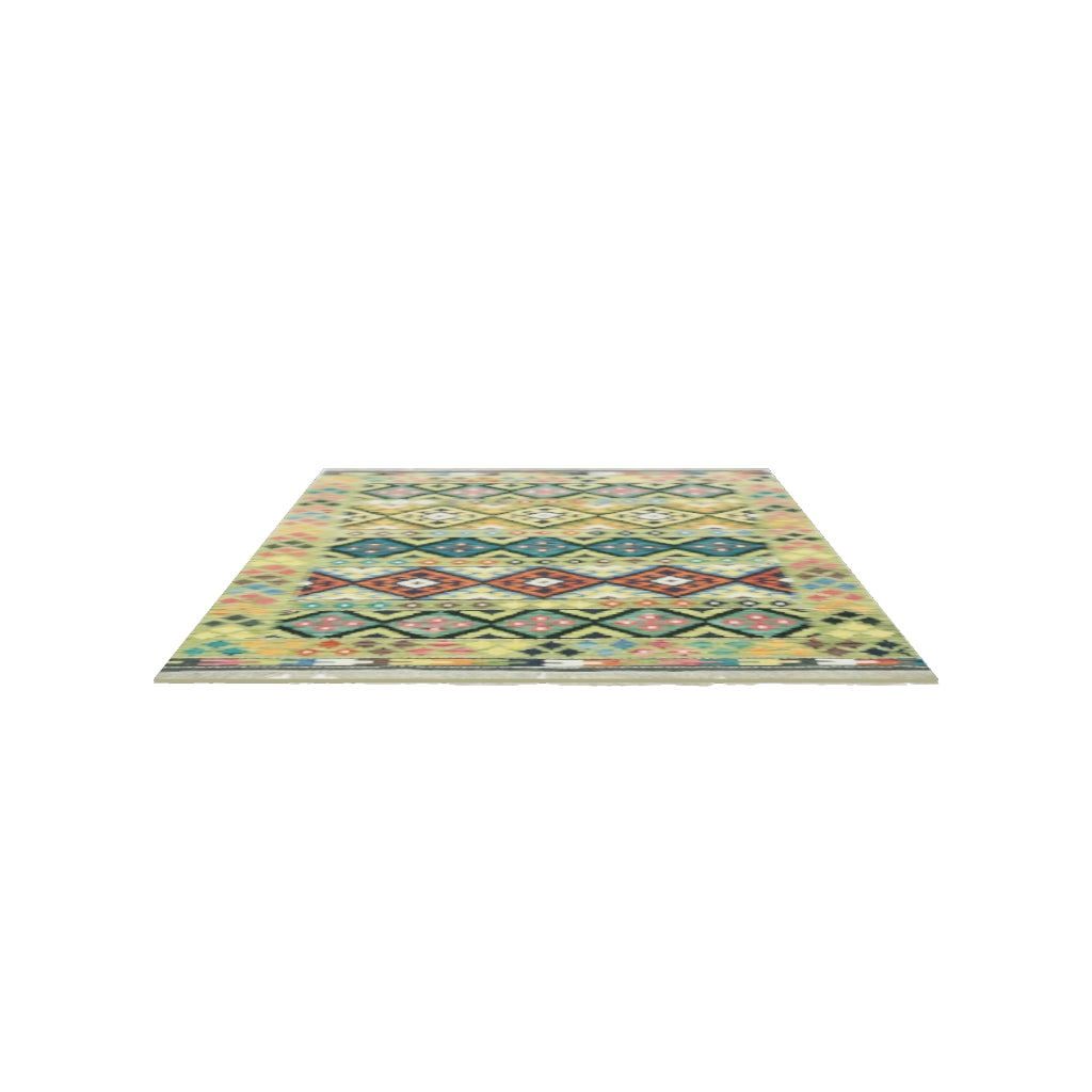 Afghan Kilim Rug 5x7 | Olive Green, Black & Teal | Hand-Woven Wool Flatweave | True-Size 3D Rug | View in Your Room