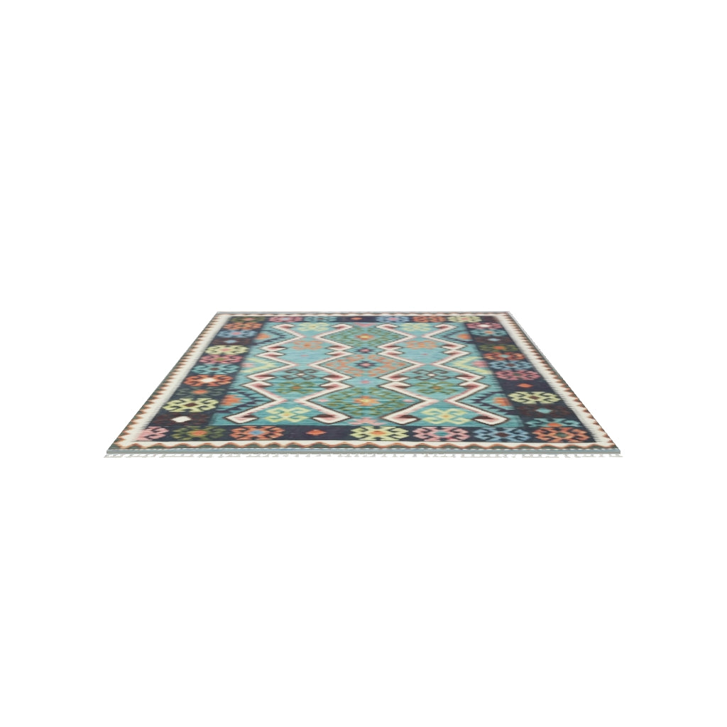 Afghan Kilim Rug 5x7 | Teal, Navy & Green | Hand-Woven Wool Flatweave | True-Size 3D Rug | View in Your Room