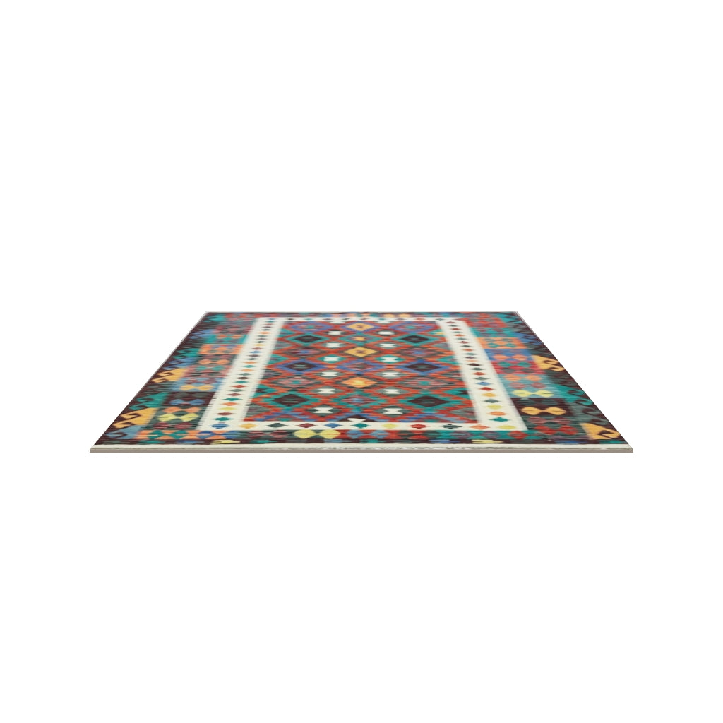 Afghan Kilim Rug 5x6 | Rust, Teal & Brown | Hand-Woven Wool Flatweave | True-Size 3D Rug | View in Your Room