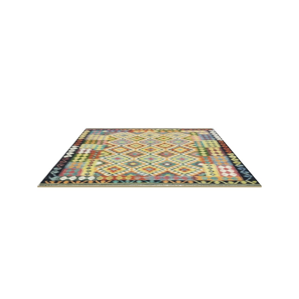 Afghan Kilim Rug 5x6 | Gold, Rust & Navy | Hand-Woven Wool Flatweave | True-Size 3D Rug | View in Your Room