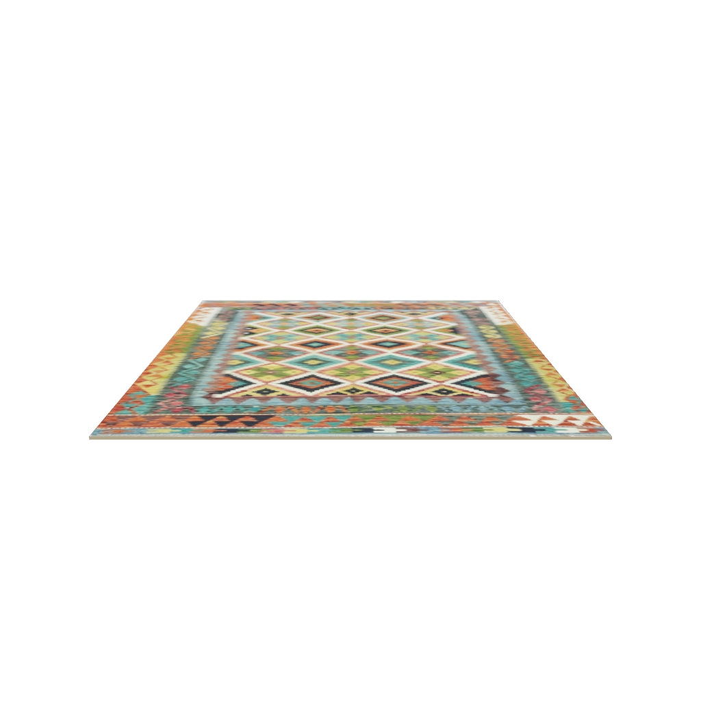Afghan Kilim Rug 5x7 | Teal, Rust & Navy | Hand-Woven Wool Flatweave | True-Size 3D Rug | View in Your Room