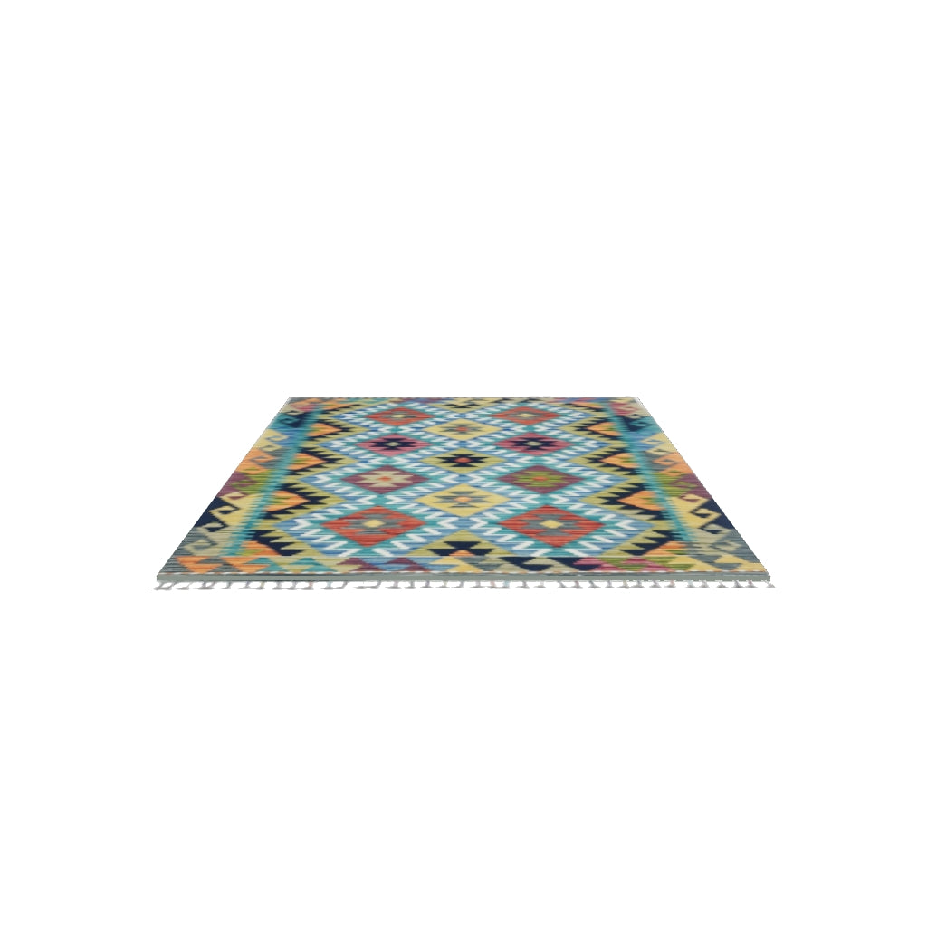 Afghan Kilim Rug 3x5 | Teal, Olive Green & Navy | Hand-Woven Wool Flatweave | True-Size 3D Rug | View in Your Room