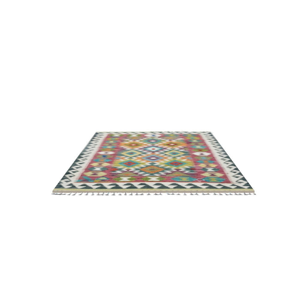 Afghan Kilim Rug 3x5 | Pink, Ivory & Black | Hand-Woven Wool Flatweave | True-Size 3D Rug | View in Your Room