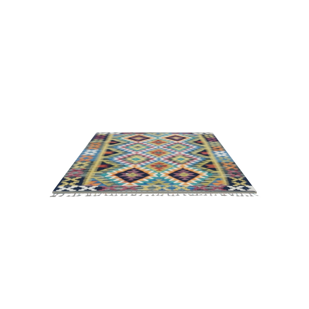 Afghan Kilim Rug 3x5 | Olive Green, Navy & Orange | Hand-Woven Wool Flatweave | True-Size 3D Rug | View in Your Room