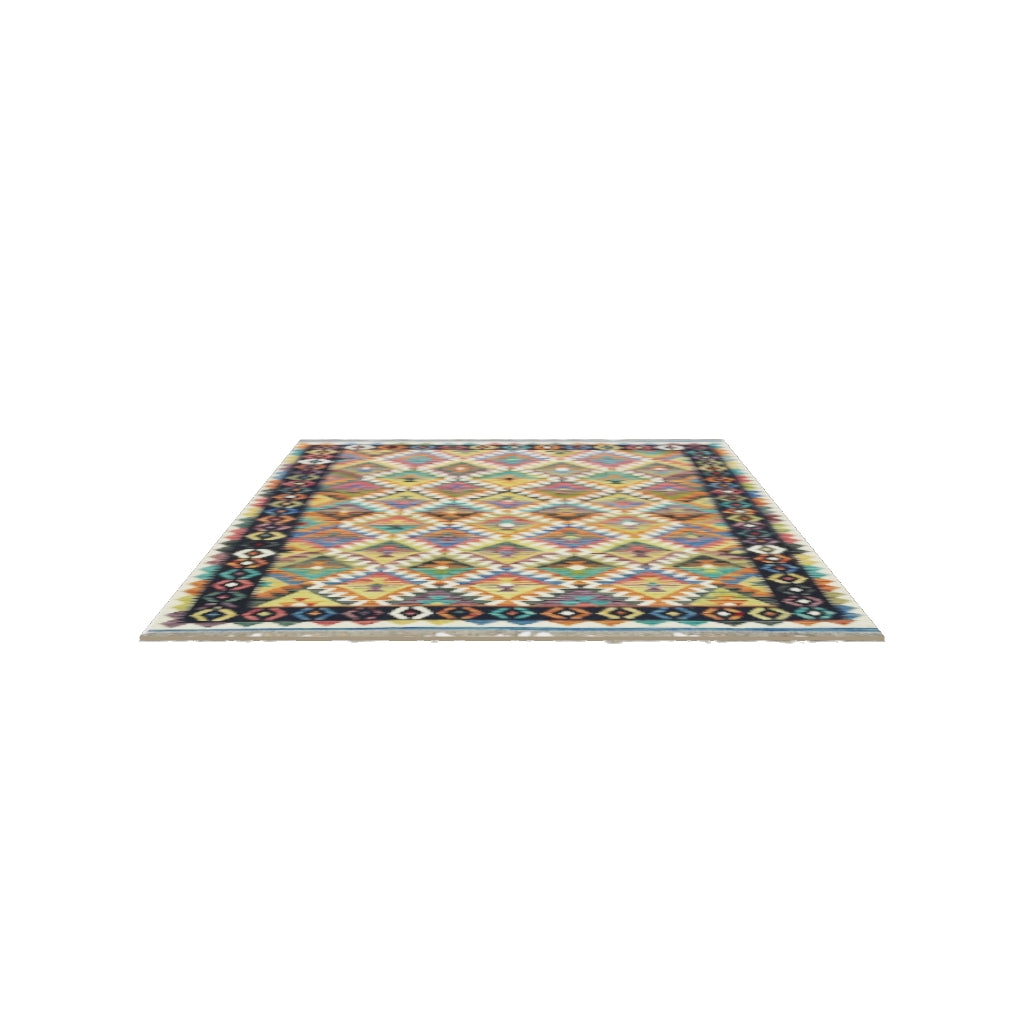 Afghan Kilim Rug 5x7 | Rust, Navy & Teal | Hand-Woven Wool Flatweave | True-Size 3D Rug | View in Your Room