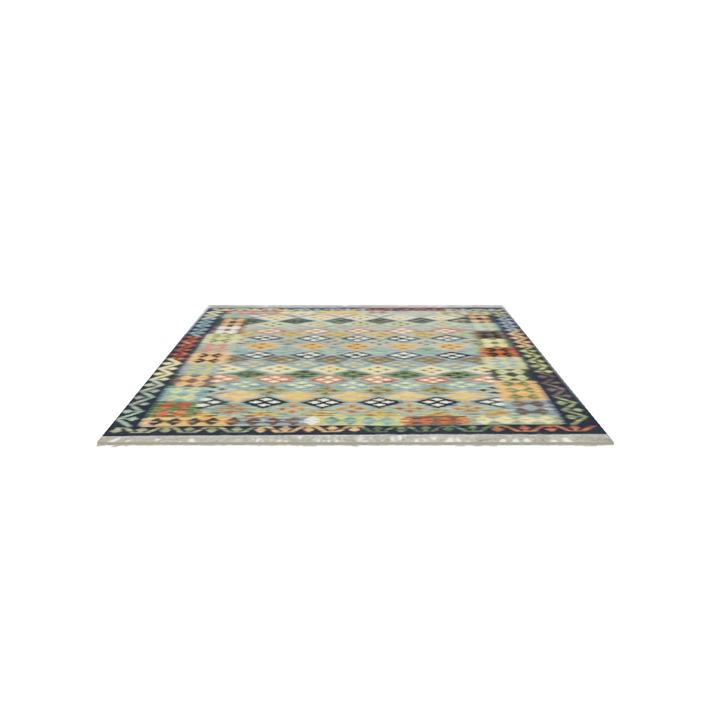 Afghan Kilim Rug 5x7 | Teal, Navy & Gold | Diamond Lattice Wool Flatweave | True-Size 3D Rug | View in Your Room