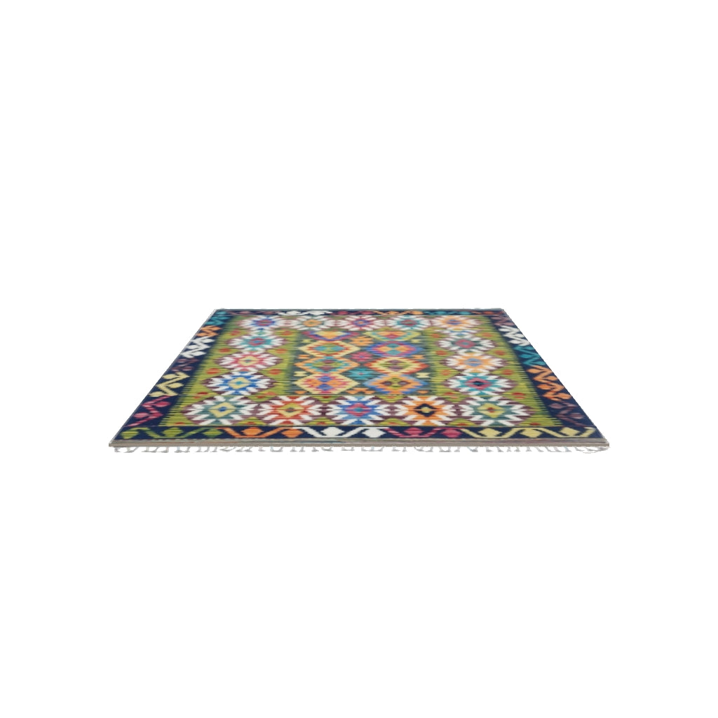 Afghan Kilim Rug 4x6 | Olive Green, Navy & Pink | Hand-Woven Wool Flatweave | True-Size 3D Rug | View in Your Room