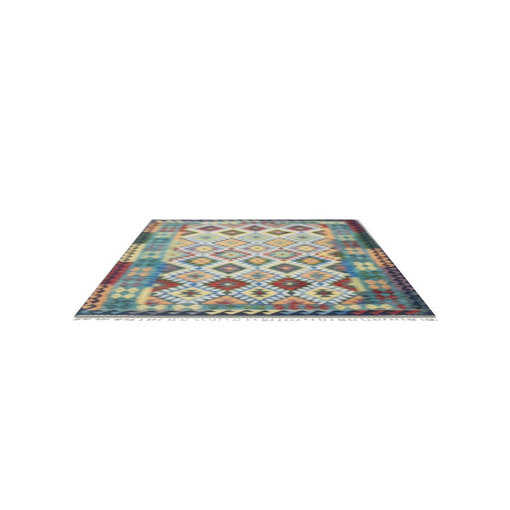 Afghan Kilim Rug 5x7 | Teal, Navy & Gold | Hand-Woven Wool Flatweave | True-Size 3D Rug | View in Your Room