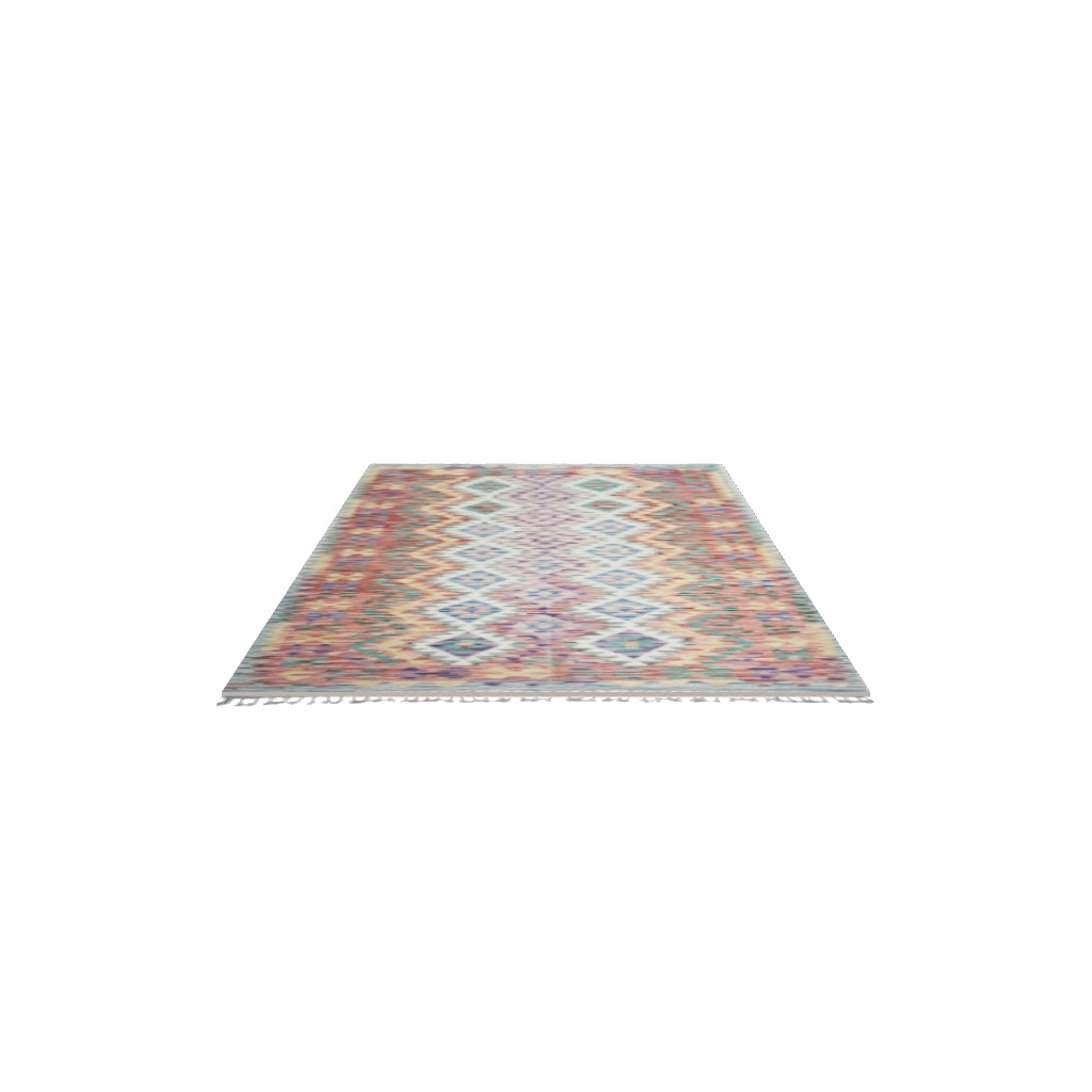 Afghan Kilim Rug 4x7 | Rust, Pink & Purple | Hand-Woven Wool Flatweave | True-Size 3D Rug | View in Your Room