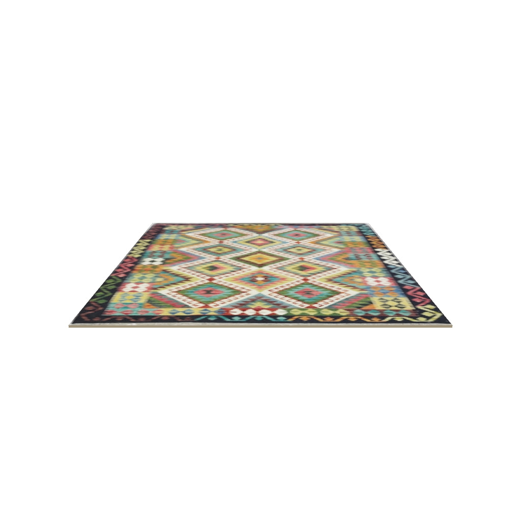 Afghan Kilim Rug 5x7 | Navy, Teal & Rust | Hand-Woven Wool Flatweave | True-Size 3D Rug | View in Your Room