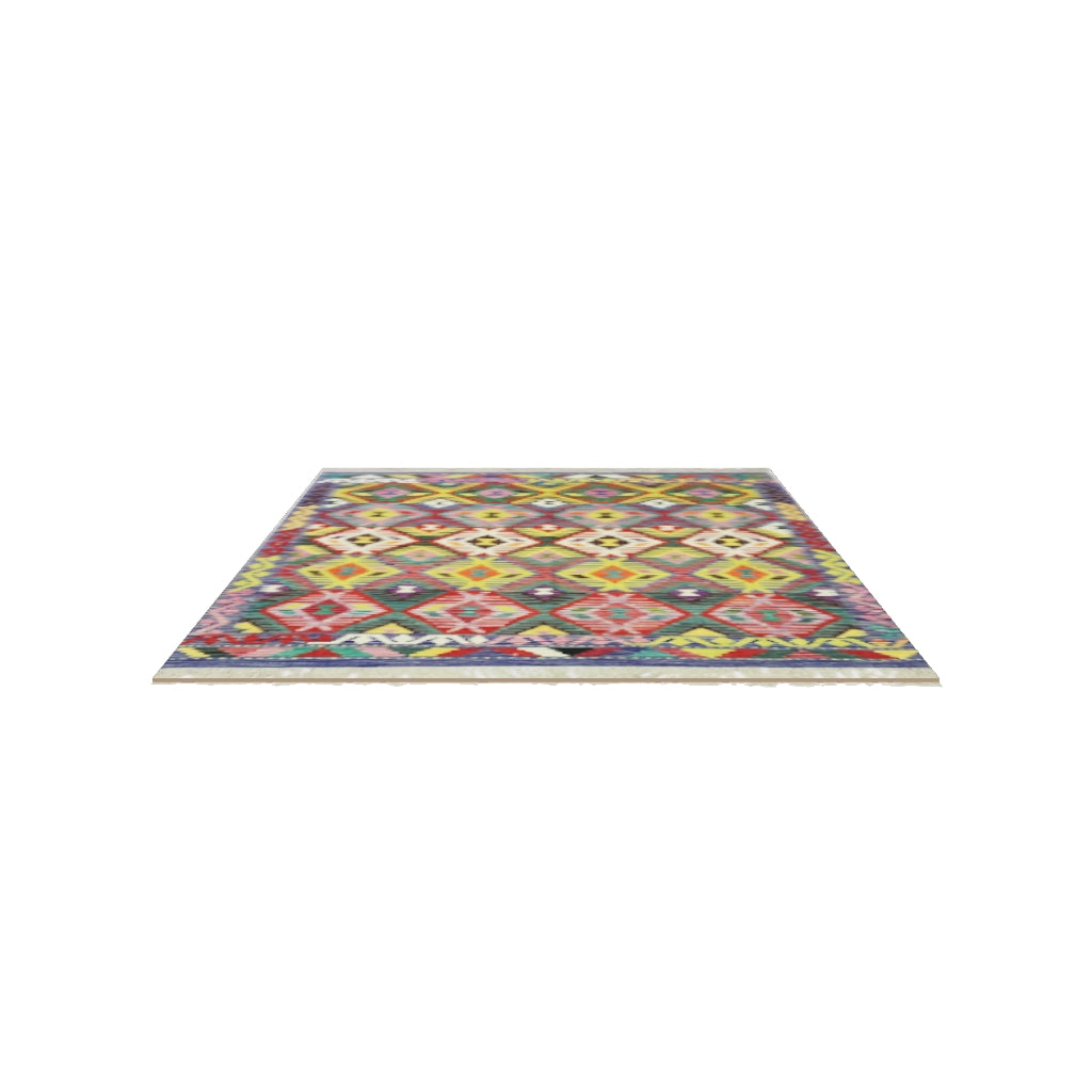 Afghan Kilim Rug 5x7 | Red, Pink & Yellow | Hand-Woven Wool Flatweave | True-Size 3D Rug | View in Your Room