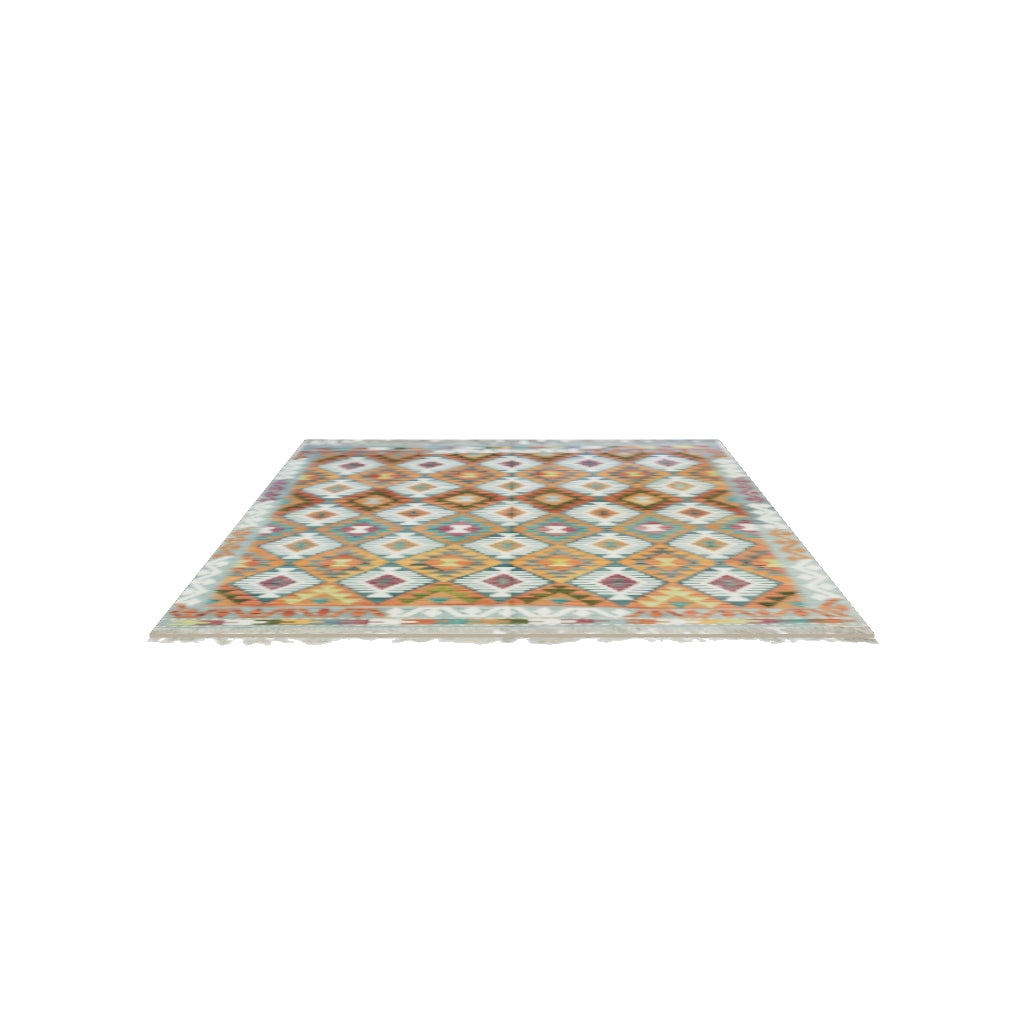 Afghan Kilim Rug 5x7 | Rust, Teal & Ivory | Hand-Woven Wool Flatweave | True-Size 3D Rug | View in Your Room