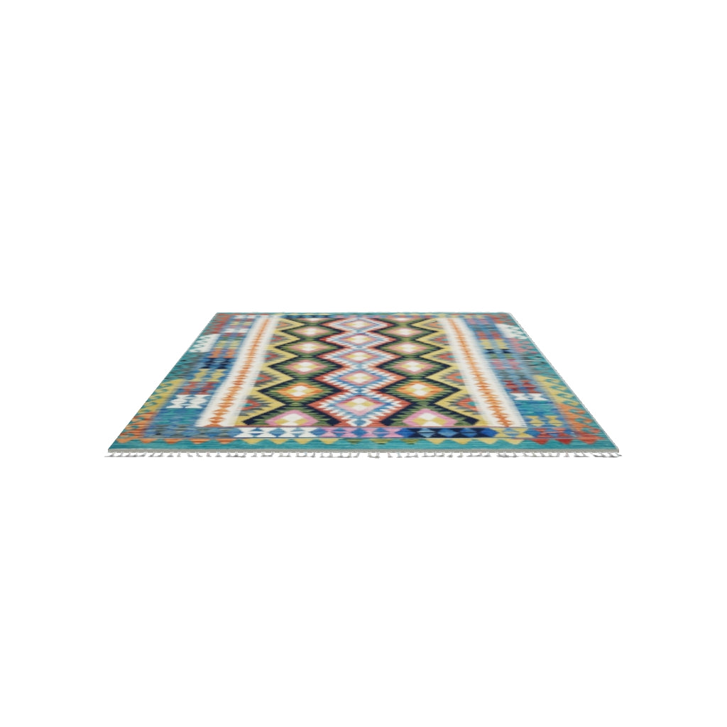 Afghan Kilim Rug 5x6 | Teal, Black & Orange | Hand-Woven Wool Flatweave | True-Size 3D Rug | View in Your Room