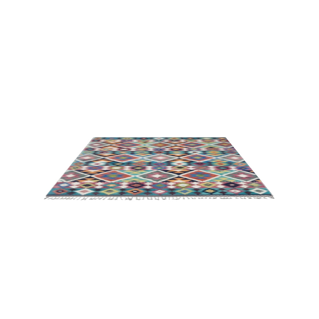 Afghan Kilim Rug 5x6 | Navy, Teal & Rust | Hand-Woven Wool Flatweave | True-Size 3D Rug | View in Your Room