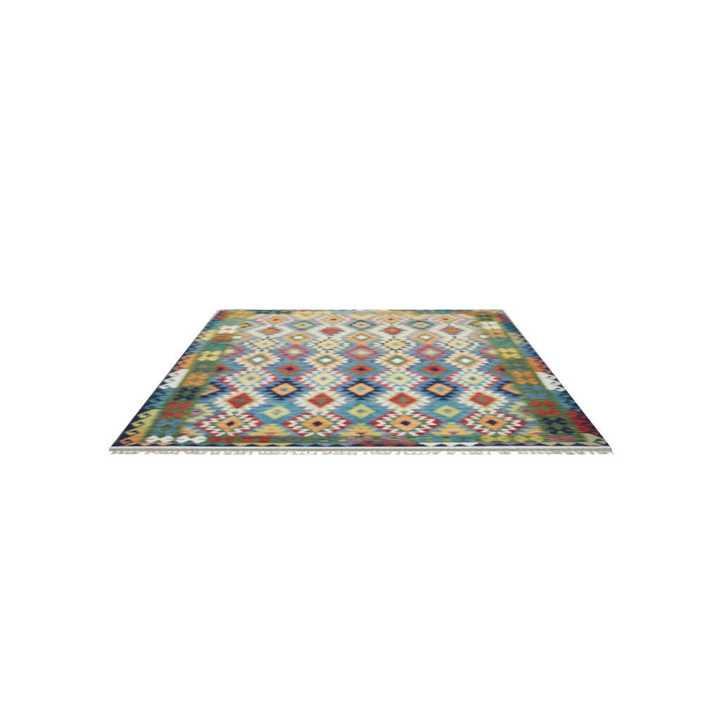 Afghan Kilim Rug 6x8 | Orange, Blue & Navy | Hand-Woven Wool Flatweave | True-Size 3D Rug | View in Your Room