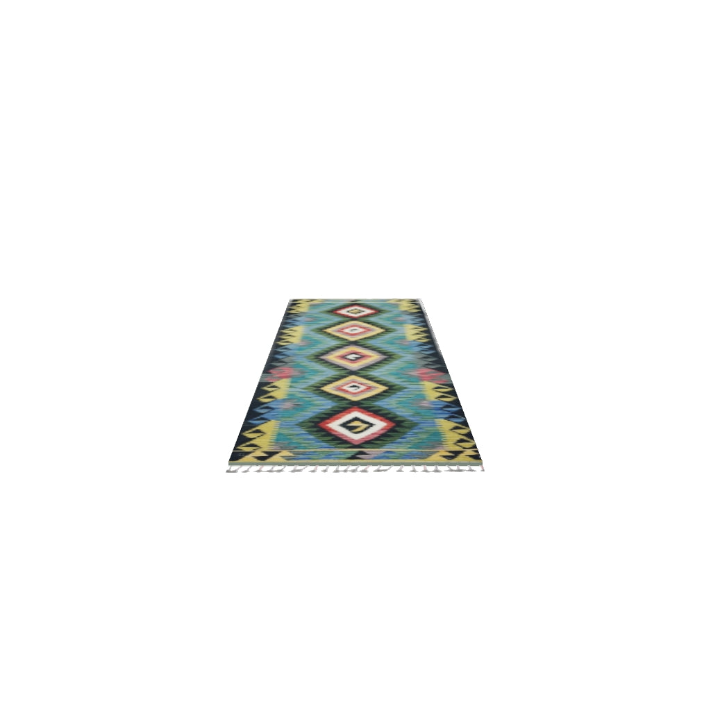 Afghan Kilim Runner 2x7 | Black, Teal & Olive Green | Hand-Woven Wool Flatweave | True-Size 3D Rug | View in Your Room