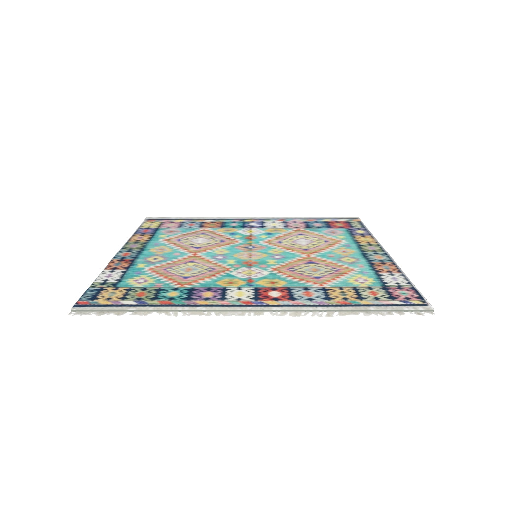 Afghan Kilim Rug 5x6 | Teal, Navy & Rust | Hand-Woven Wool Flatweave | True-Size 3D Rug | View in Your Room