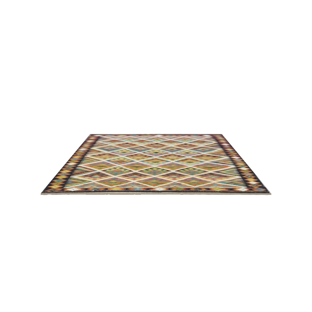 Afghan Kilim Rug 5x7 | Navy, Gold & Rust | Hand-Woven Wool Flatweave | True-Size 3D Rug | View in Your Room