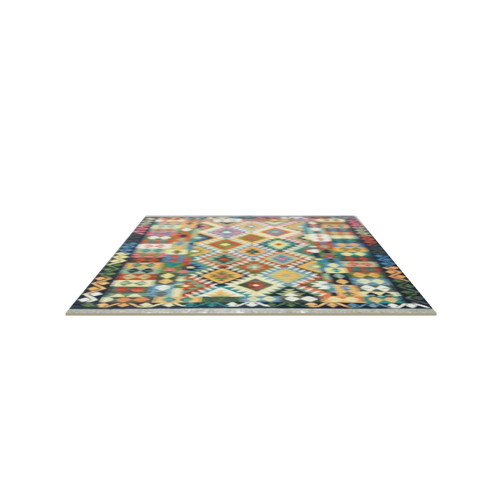 Afghan Kilim Rug 5x7 | Navy, Rust & Orange | Hand-Woven Wool Flatweave | True-Size 3D Rug | View in Your Room