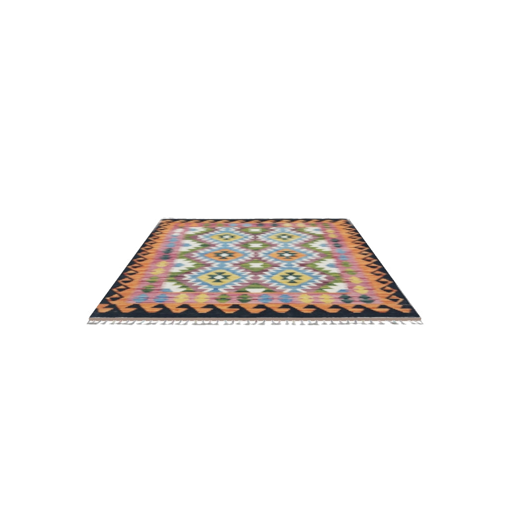 Afghan Kilim Rug 3x5 | Black, Orange & Blue | Hand-Woven Wool Flatweave | True-Size 3D Rug | View in Your Room