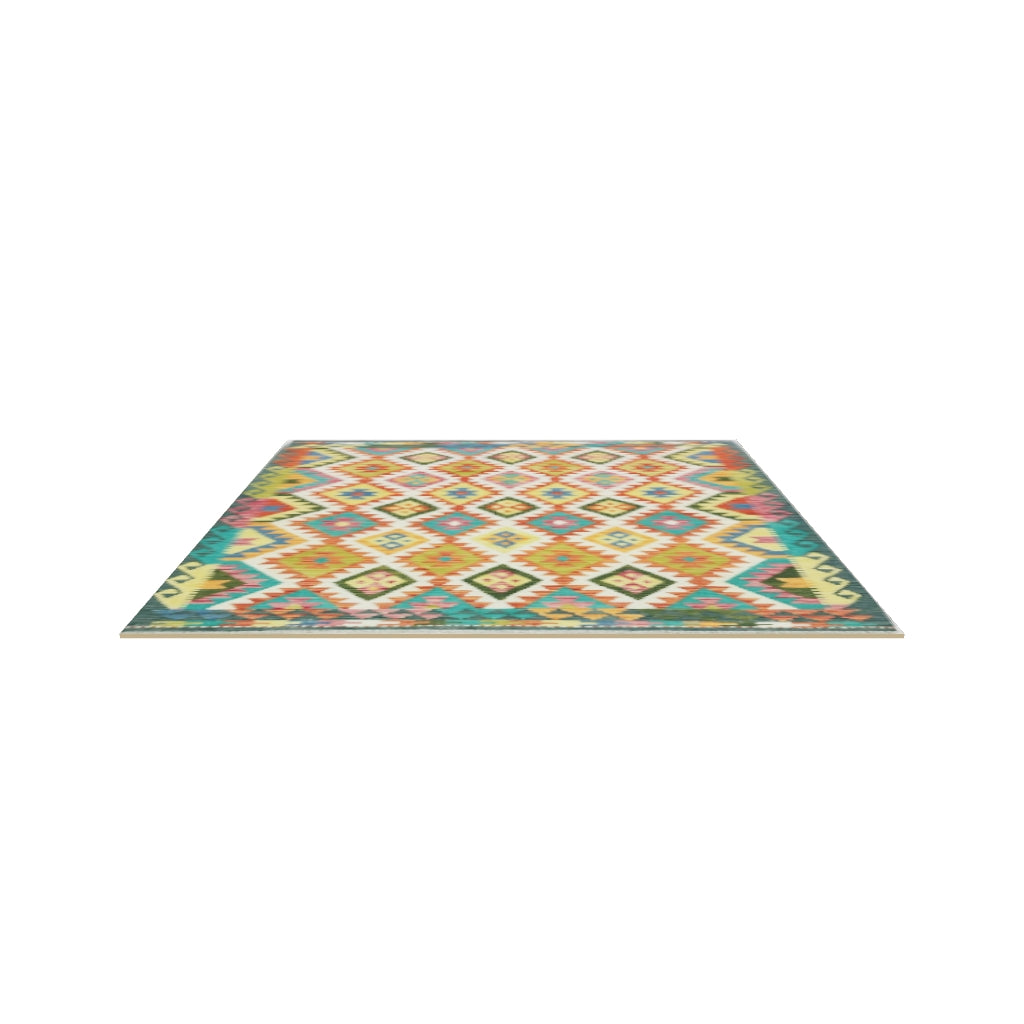 Afghan Kilim Rug 5x6 | Rust, Ivory & Teal | Diamond Lattice Wool Flatweave | True-Size 3D Rug | View in Your Room