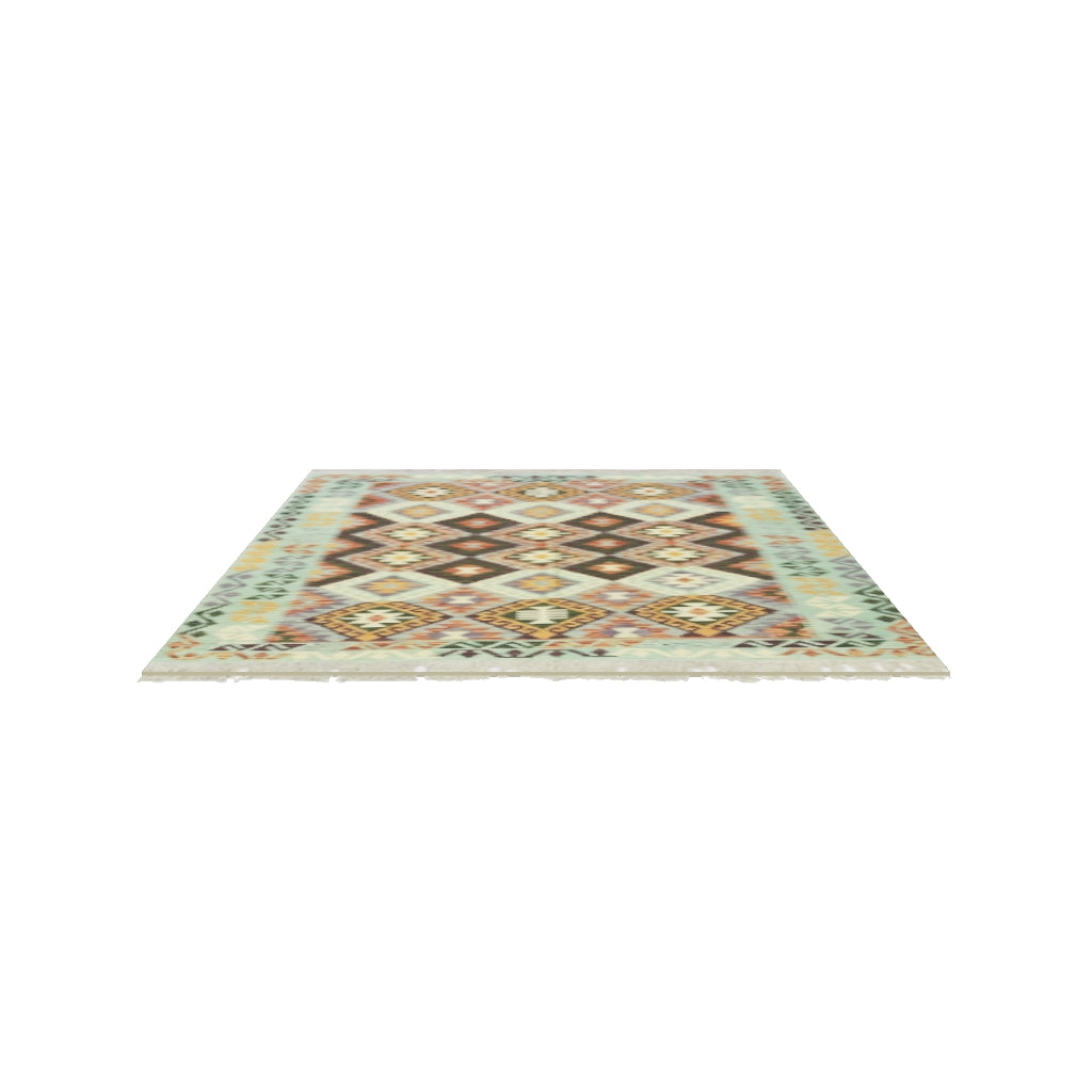 Afghan Kilim Rug 5x6 | Green, Brown & Rust | Hand-Woven Wool Flatweave | True-Size 3D Rug | View in Your Room