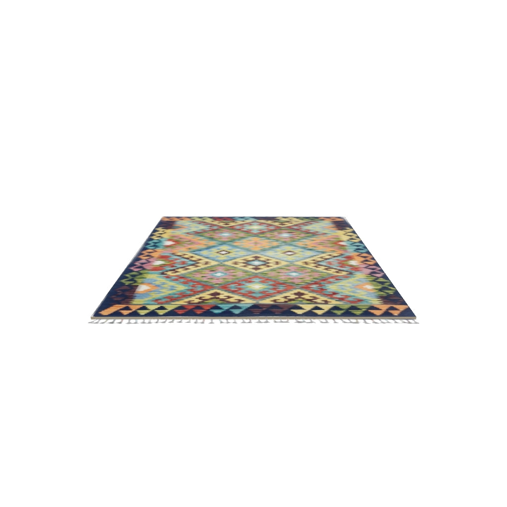 Afghan Kilim Rug 4x6 | Olive Green, Navy & Gold | Hand-Woven Wool Flatweave | True-Size 3D Rug | View in Your Room