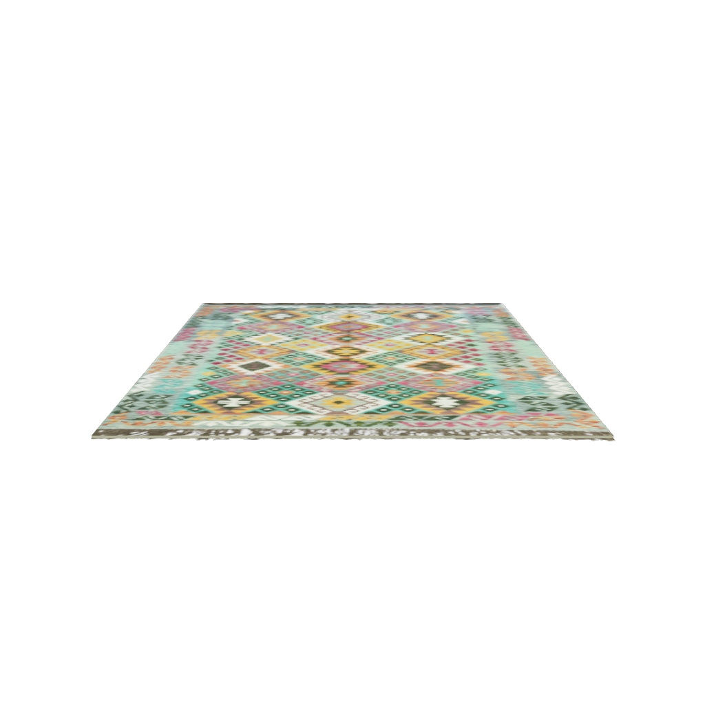 Afghan Kilim Rug 5x7 | Teal, Pink & Gold | Hand-Woven Wool Flatweave | True-Size 3D Rug | View in Your Room