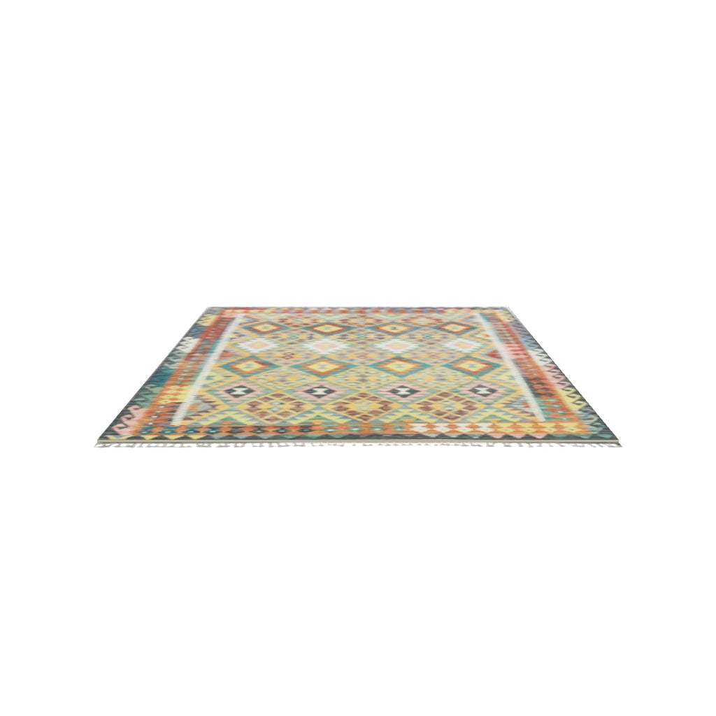 Afghan Kilim Rug 5x7 | Gold, Rust & Teal | Hand-Woven Wool Flatweave | True-Size 3D Rug | View in Your Room